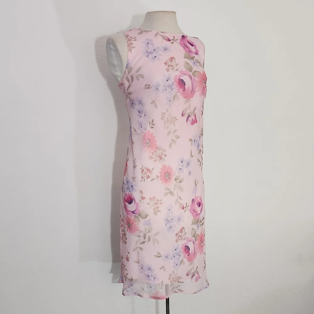Dress Cowl Drape Back Floral Semi Sheer Overlay Lined Pink Size M - Picture 4 of 9